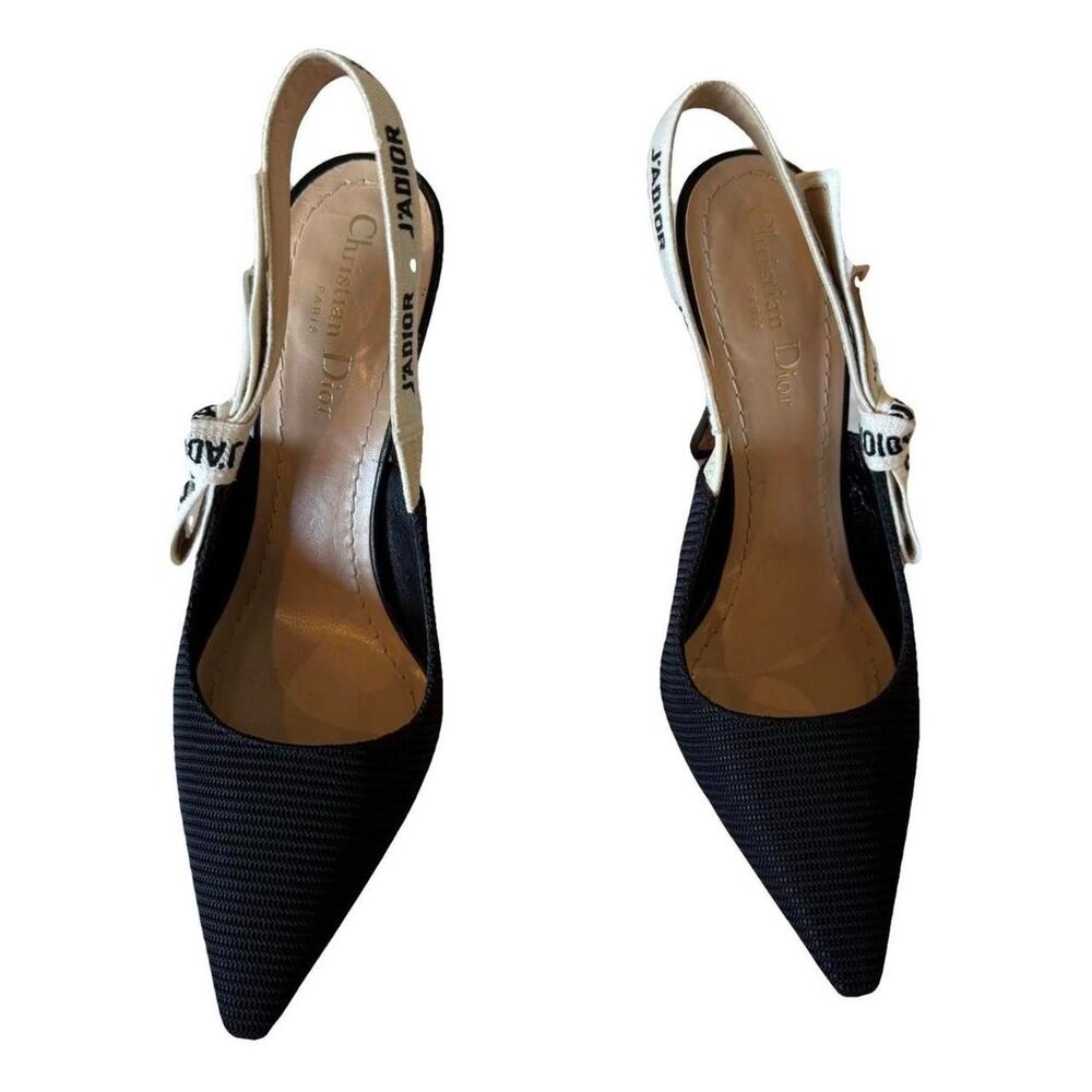 Dior J'Adior Black Technical Fabric Pointed Toe Logo Bow Slingback Heels Size 38